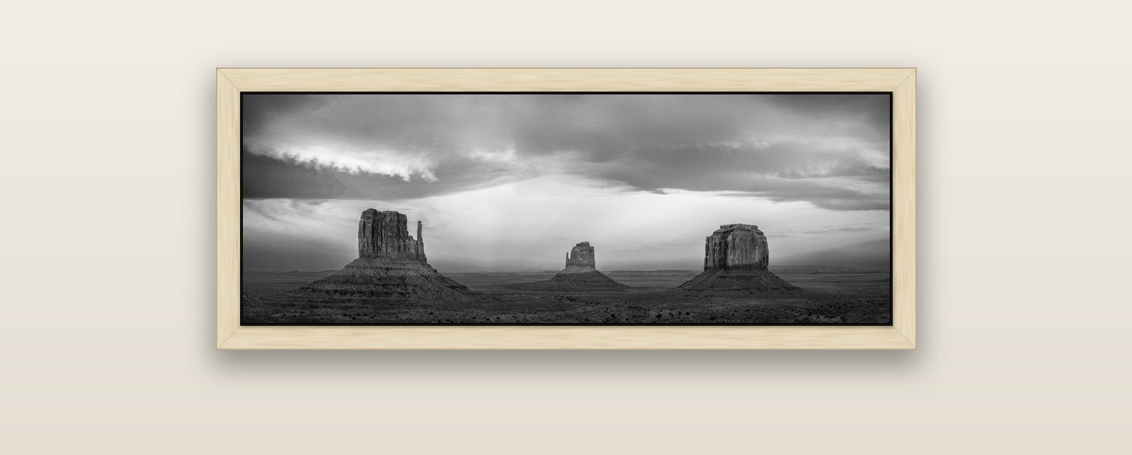 Majestic Guardians, Monument Valley Sunset Spectacle — natural float frame canvas, 102 × 36 cm. New Zealand fine art landscape wall art by Stephen Milner.