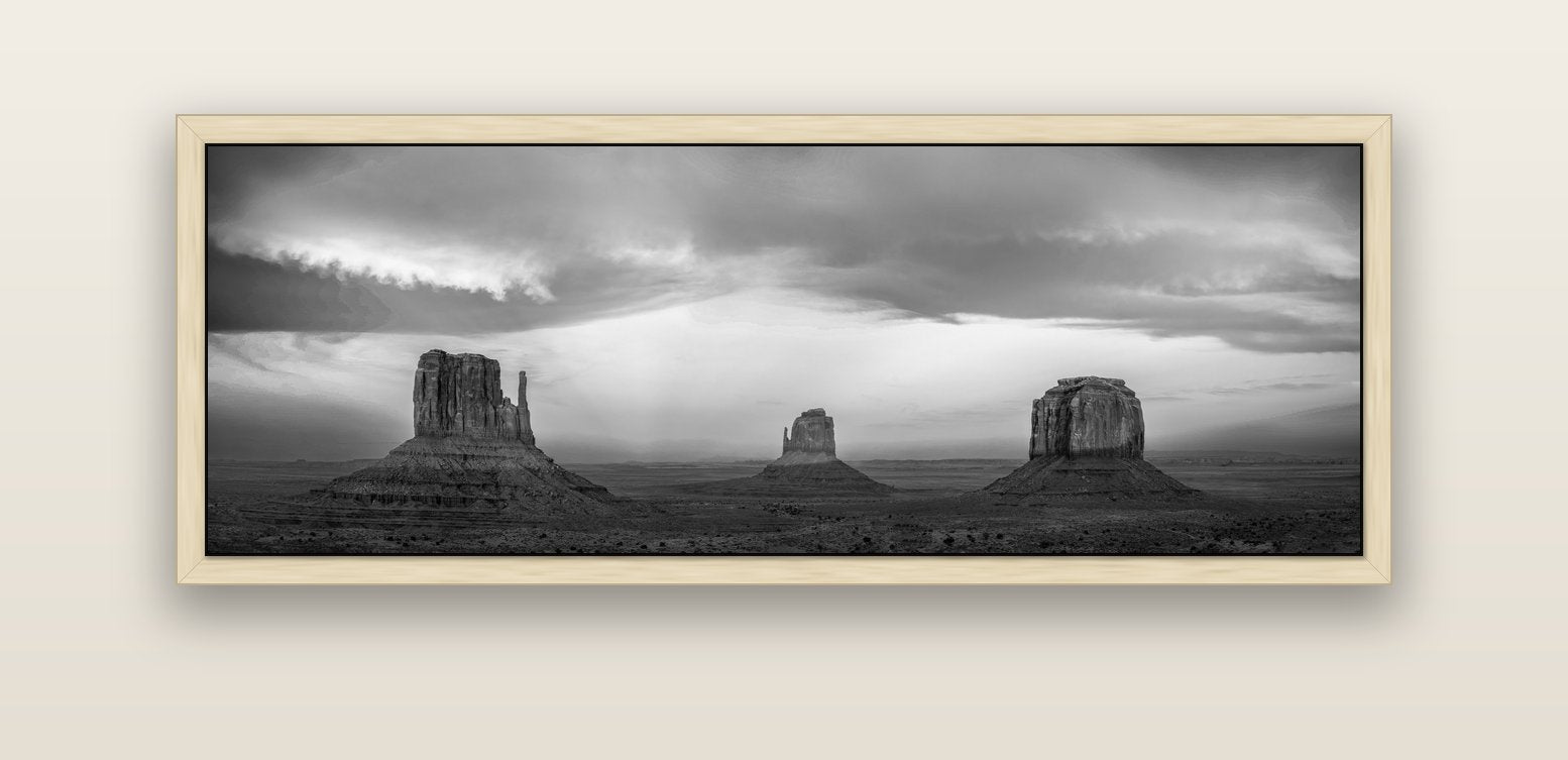 Majestic Guardians, Monument Valley Sunset Spectacle — natural float frame canvas, 152 × 56 cm. New Zealand fine art landscape wall art by Stephen Milner.