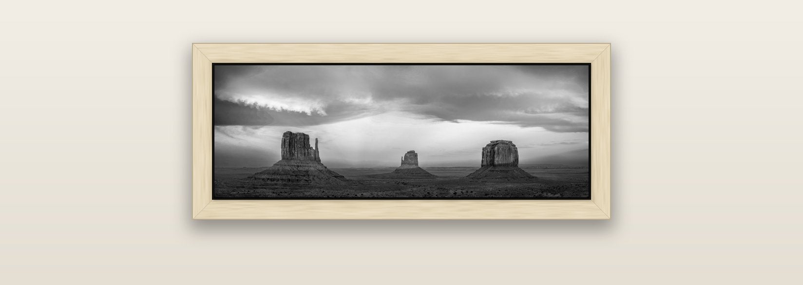 Majestic Guardians, Monument Valley Sunset Spectacle — natural float frame canvas, 71 × 25 cm. New Zealand fine art landscape wall art by Stephen Milner.