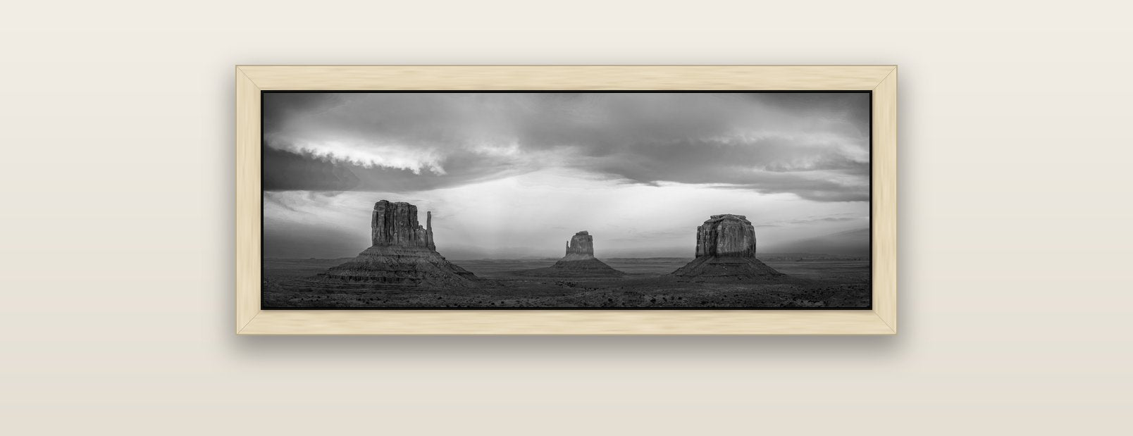 Majestic Guardians, Monument Valley Sunset Spectacle — natural float frame canvas, 91 × 31 cm. New Zealand fine art landscape wall art by Stephen Milner.