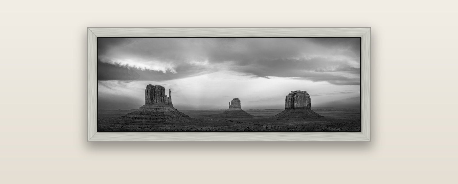 Majestic Guardians, Monument Valley Sunset Spectacle — silver float frame canvas, 102 × 36 cm. New Zealand fine art landscape wall art by Stephen Milner.