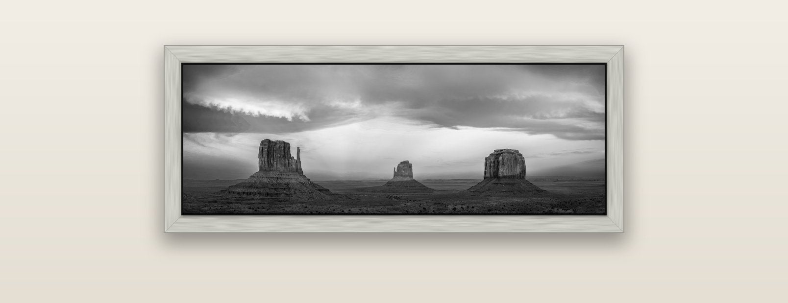 Majestic Guardians, Monument Valley Sunset Spectacle — silver float frame canvas, 91 × 31 cm. New Zealand fine art landscape wall art by Stephen Milner.