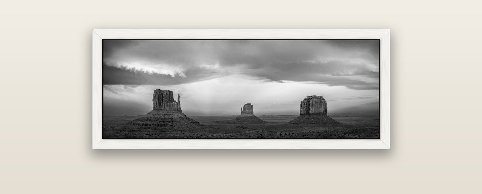 Majestic Guardians, Monument Valley Sunset Spectacle — white float frame canvas, 102 × 36 cm. New Zealand fine art landscape wall art by Stephen Milner.