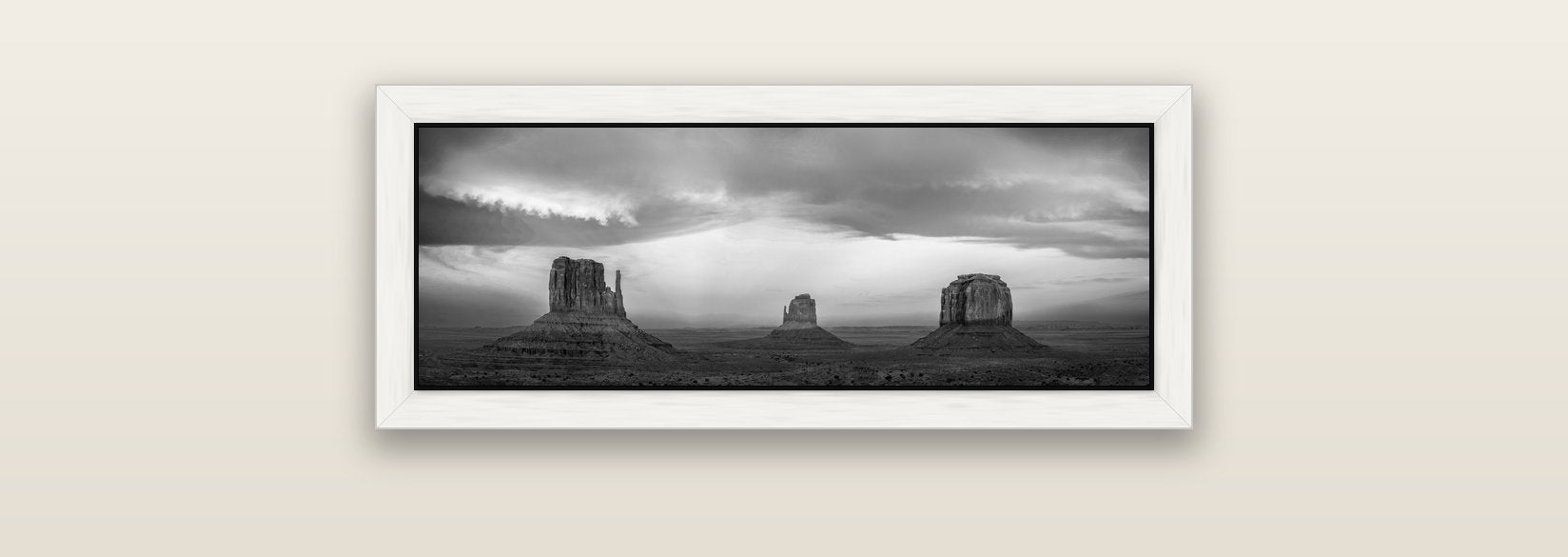 Majestic Guardians, Monument Valley Sunset Spectacle — white float frame canvas, 71 × 25 cm. New Zealand fine art landscape wall art by Stephen Milner.