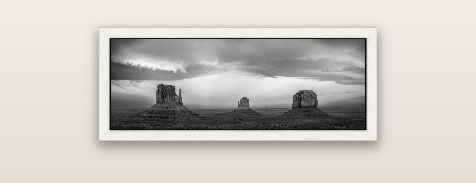 Majestic Guardians, Monument Valley Sunset Spectacle — white float frame canvas, 91 × 31 cm. New Zealand fine art landscape wall art by Stephen Milner.