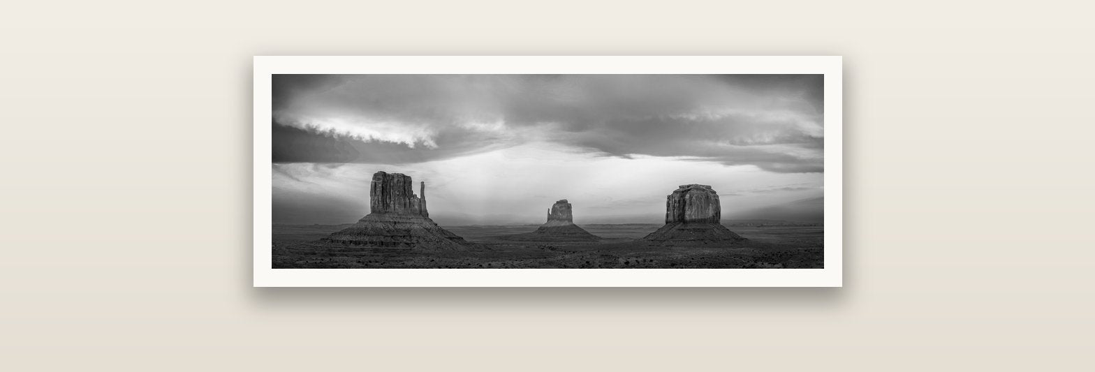 Majestic Guardians, Monument Valley Sunset Spectacle — Hahnemühle fine art print, 76 × 25 cm. New Zealand fine art landscape photography by Stephen Milner.