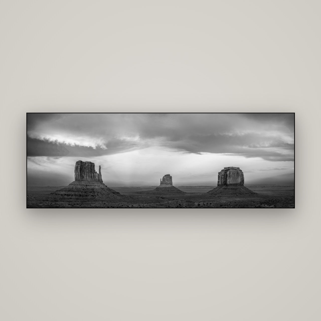 Majestic Guardians, Monument Valley Sunset Spectacle — Slimline Black, 170×60 cm. New Zealand fine art wall art by Stephen Milner.