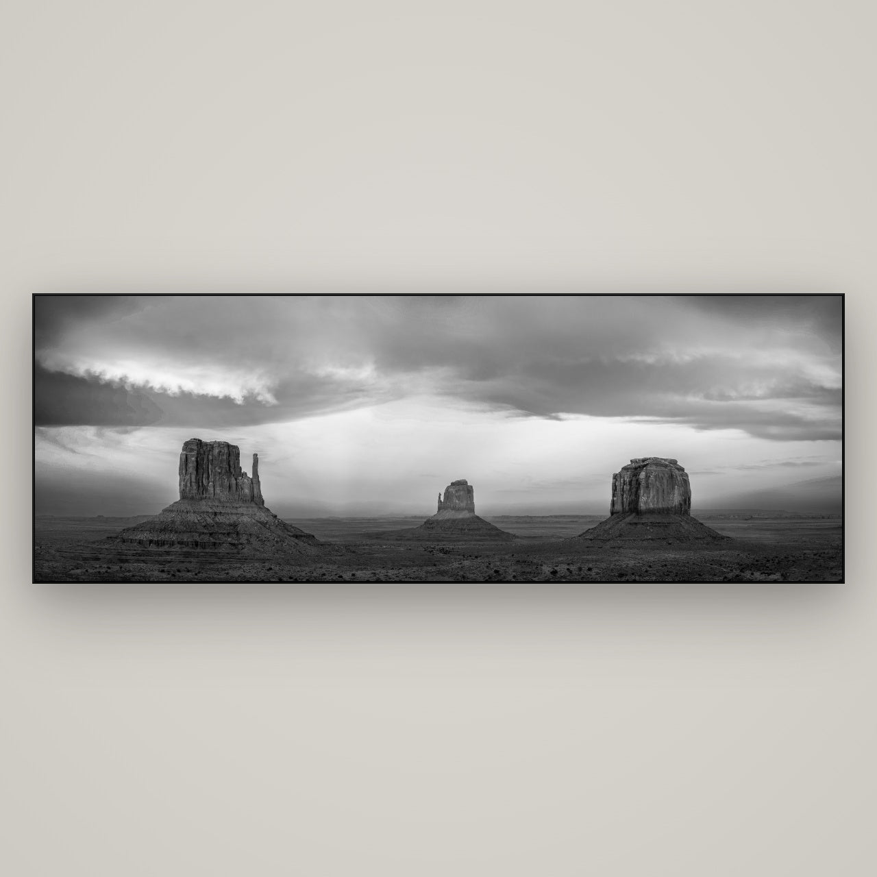 Majestic Guardians, Monument Valley Sunset Spectacle — Slimline Black, 198×70 cm. New Zealand fine art wall art by Stephen Milner.