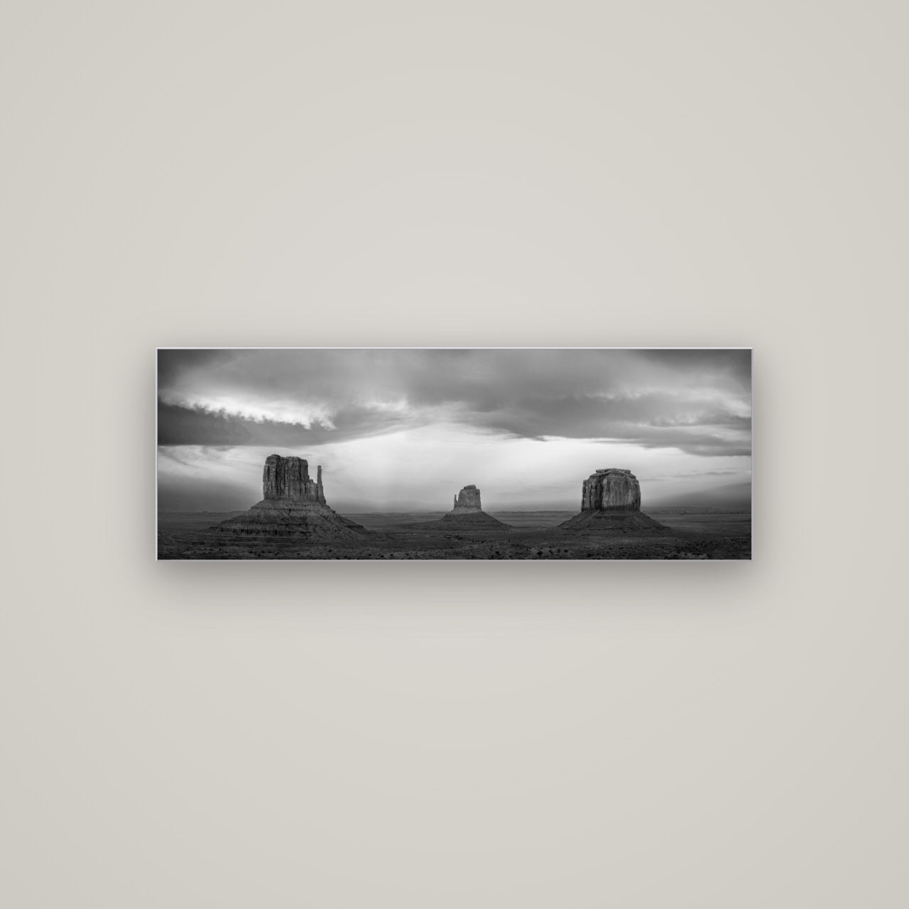 Majestic Guardians, Monument Valley Sunset Spectacle — Slimline Silver, 113×40 cm. New Zealand fine art wall art by Stephen Milner.