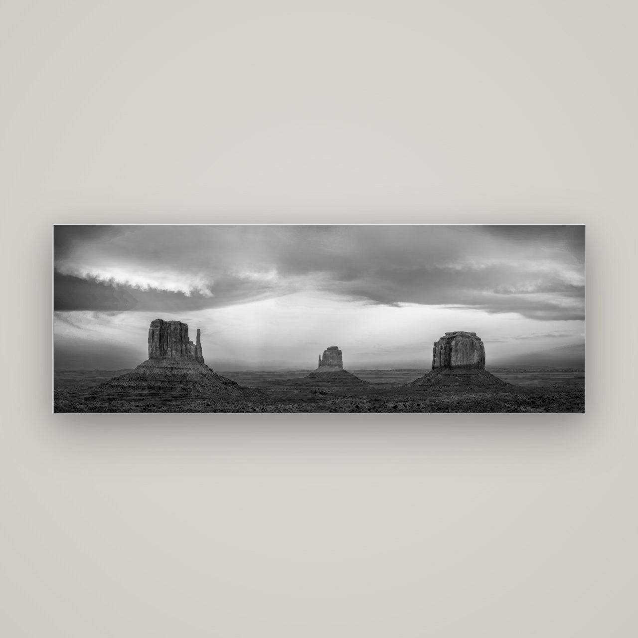 Majestic Guardians, Monument Valley Sunset Spectacle — Slimline Silver, 170×60 cm. New Zealand fine art wall art by Stephen Milner.
