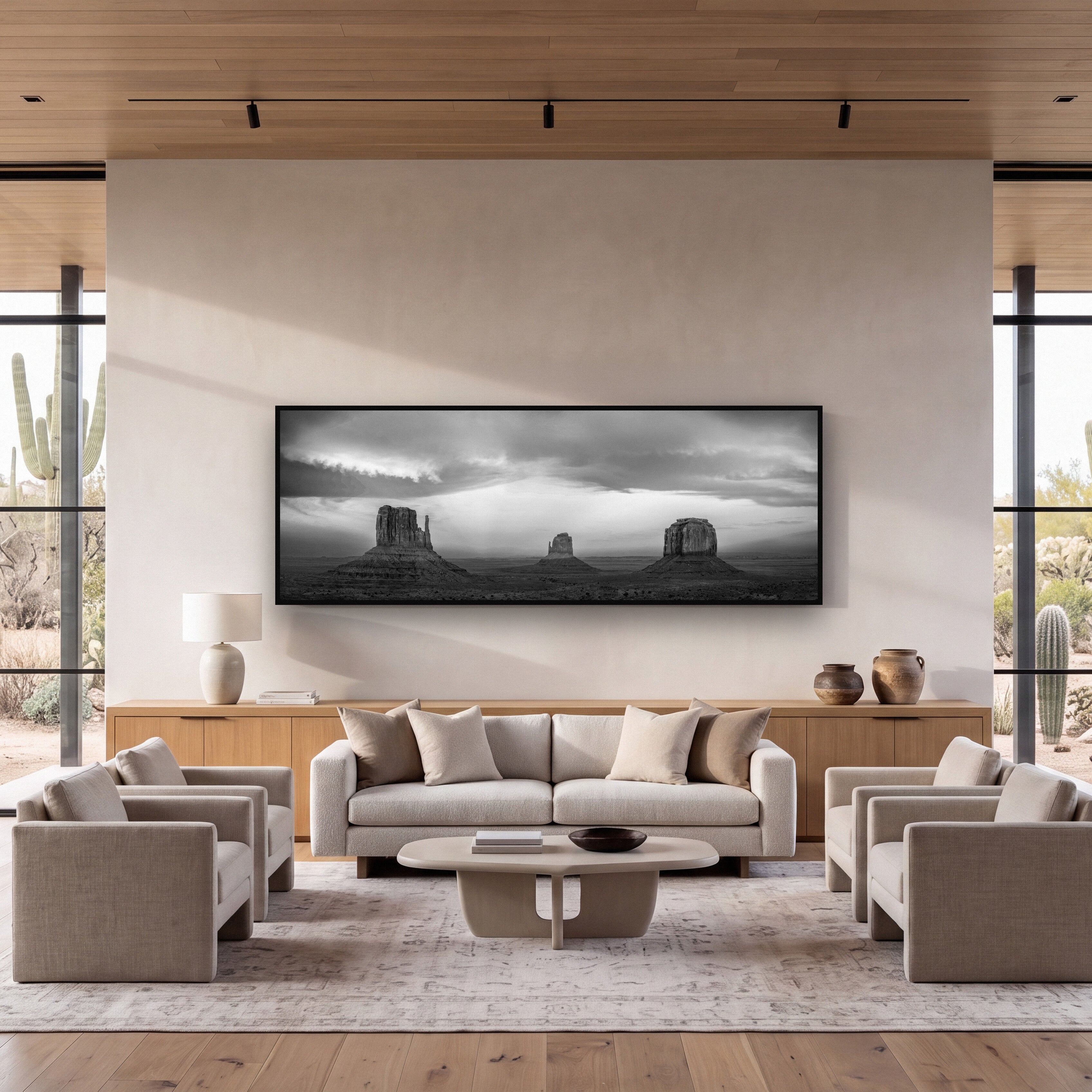 Majestic Guardians, Monument Valley Sunset Spectacle shown as large black and white wall art in a styled interior. Fine art landscape photography by Stephen Milner.