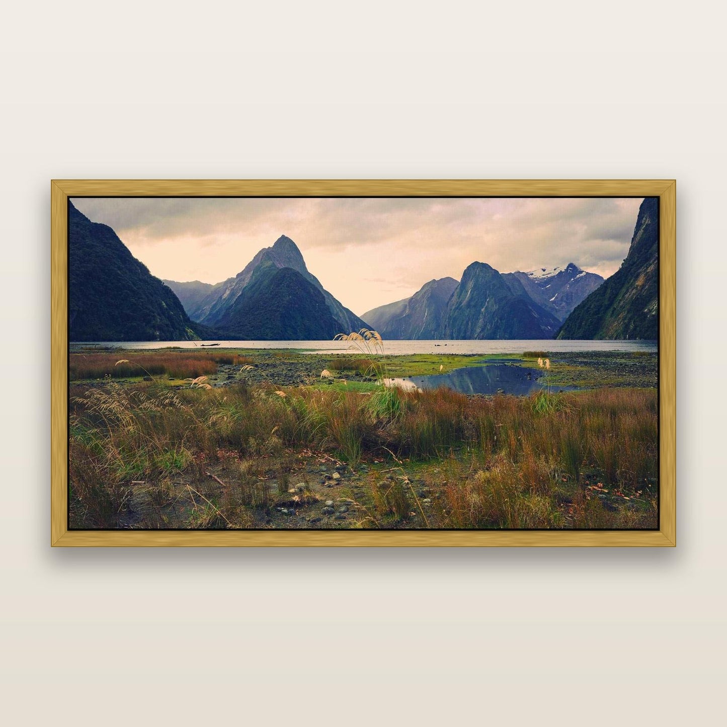 Majestic Mountains, Milford Sound — framed metallic canvas print, Antique Gold frame. New Zealand fine art landscape wall art by Stephen Milner.