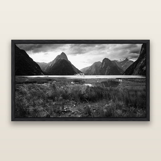 Majestic Mountains, Milford Sound, black and white framed metallic canvas print, Black frame. New Zealand fine art wall art by Stephen Milner.