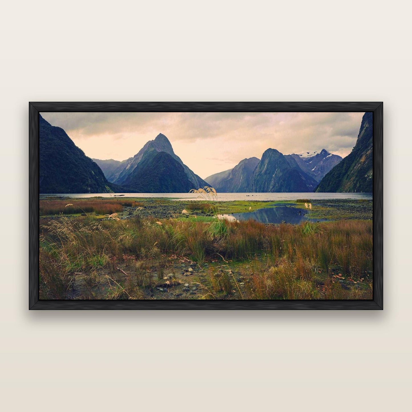 Majestic Mountains, Milford Sound — framed metallic canvas print, Black frame. New Zealand fine art landscape wall art by Stephen Milner.
