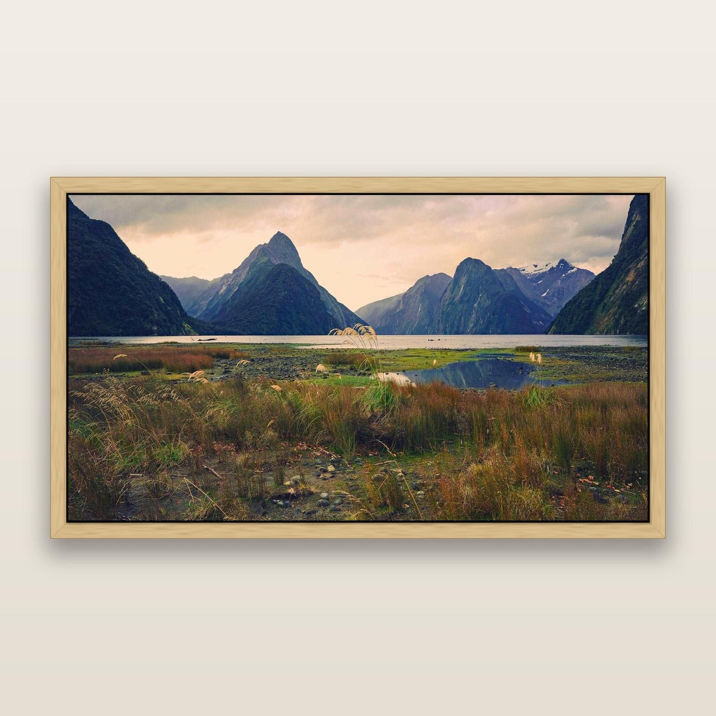Majestic Mountains, Milford Sound — framed metallic canvas print, Natural frame. New Zealand fine art landscape wall art by Stephen Milner.