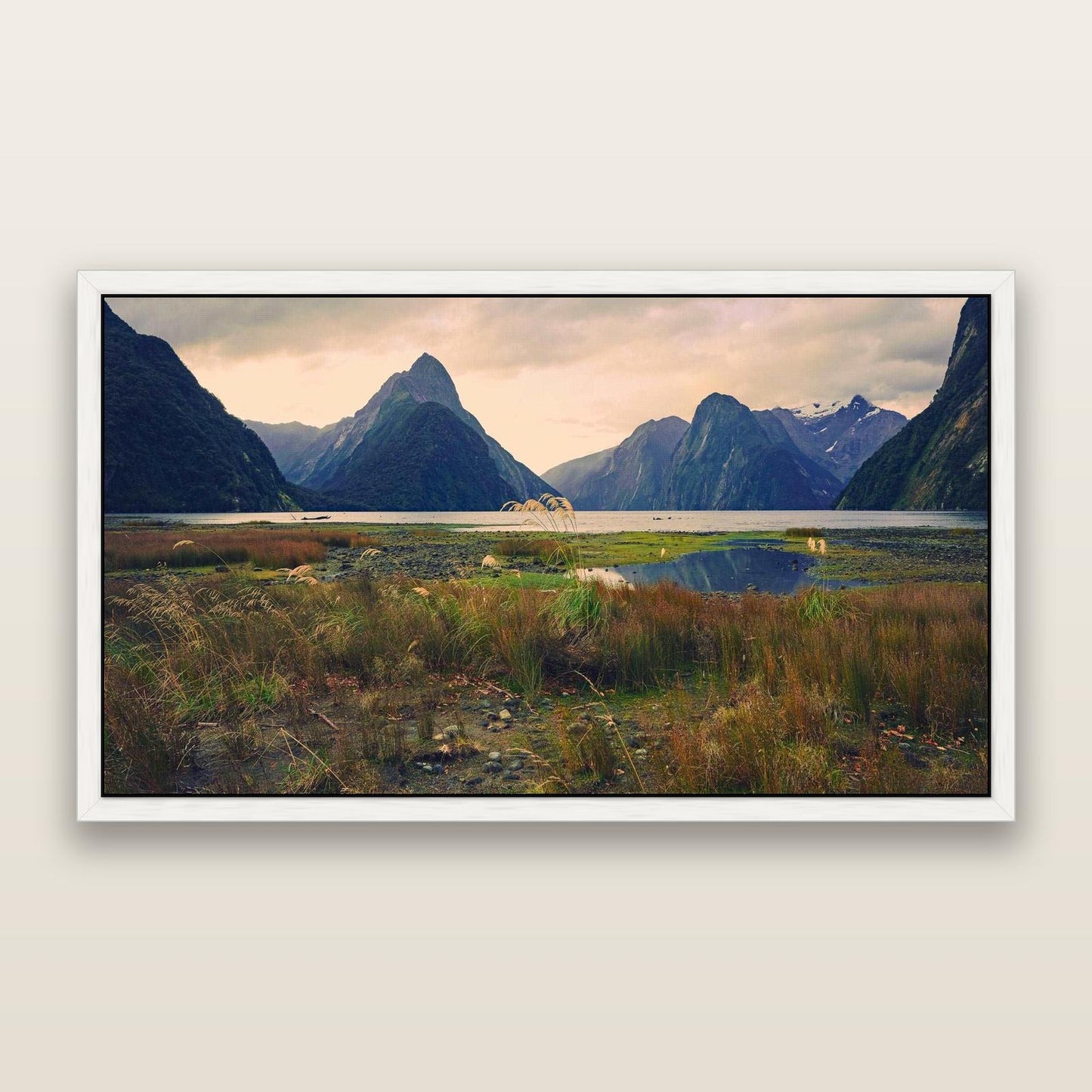 Majestic Mountains, Milford Sound — framed metallic canvas print, White frame. New Zealand fine art landscape wall art by Stephen Milner.