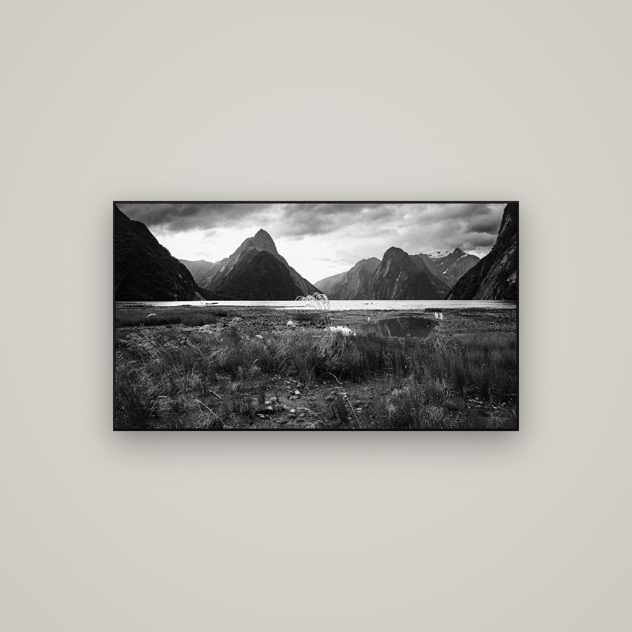 Majestic Mountains, Milford Sound — ArtBox Black, 107×60 cm. New Zealand fine art wall art by Stephen Milner.