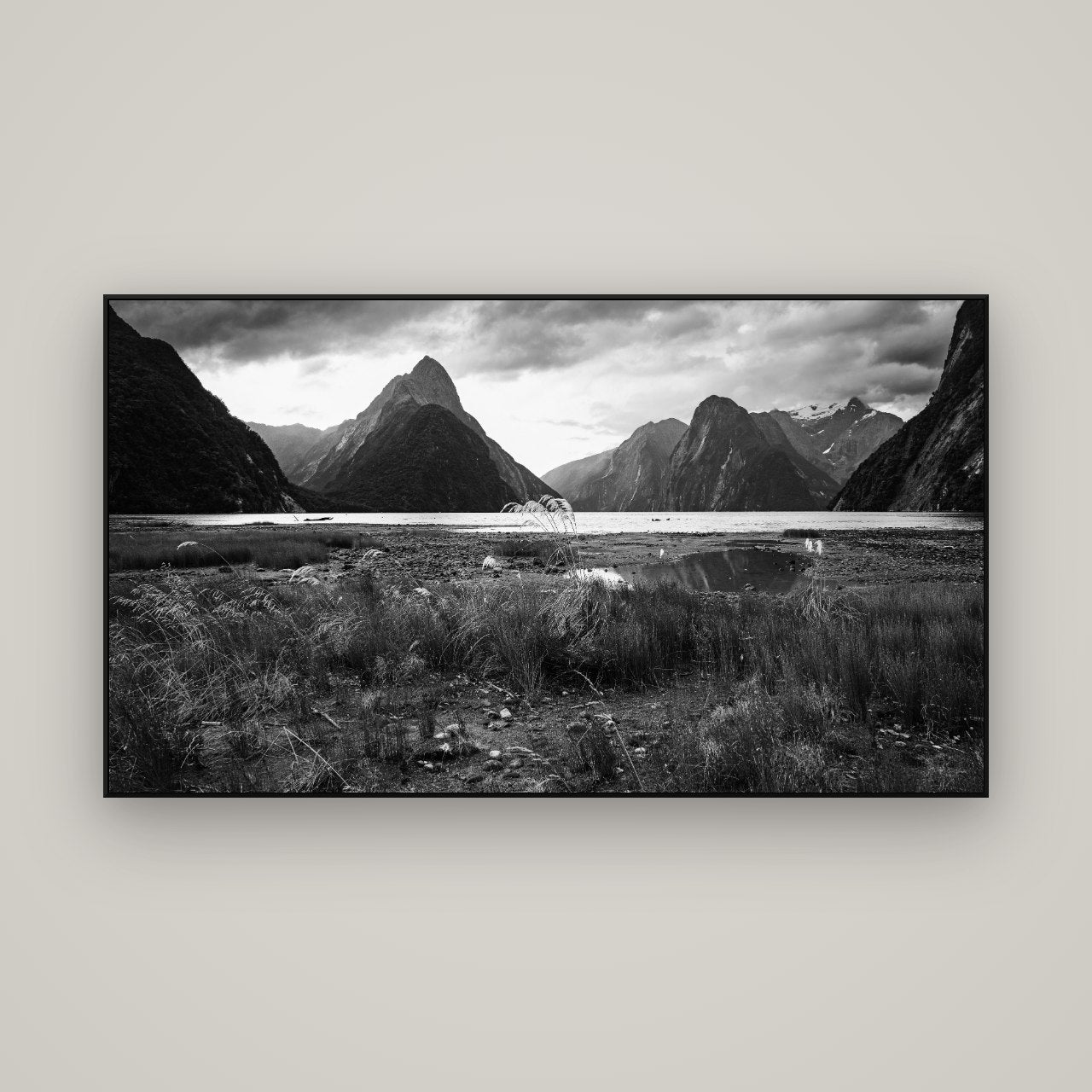 Majestic Mountains, Milford Sound — ArtBox Black, 160×90 cm. New Zealand fine art wall art by Stephen Milner.