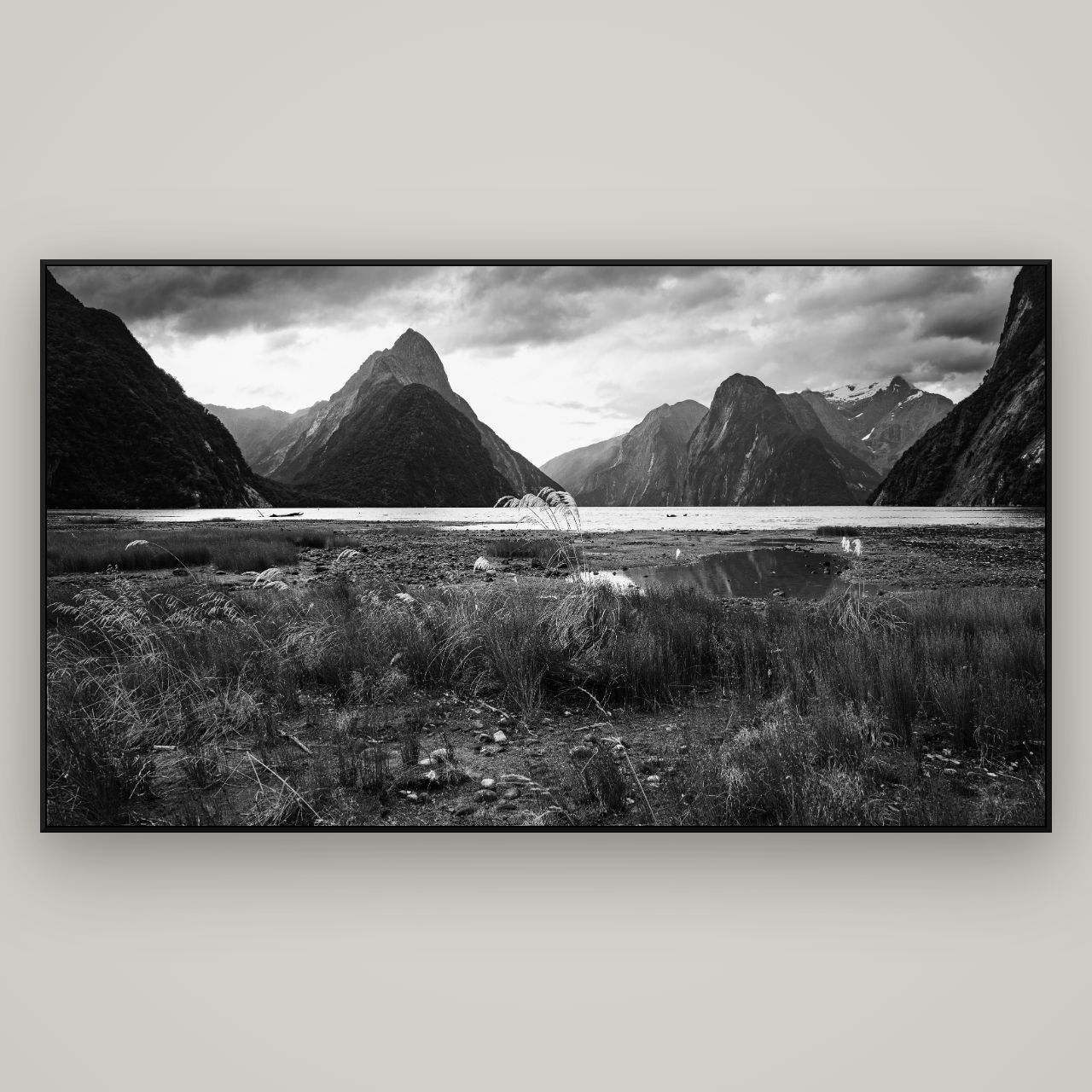 Majestic Mountains, Milford Sound — ArtBox Black, 196×110 cm. New Zealand fine art wall art by Stephen Milner.