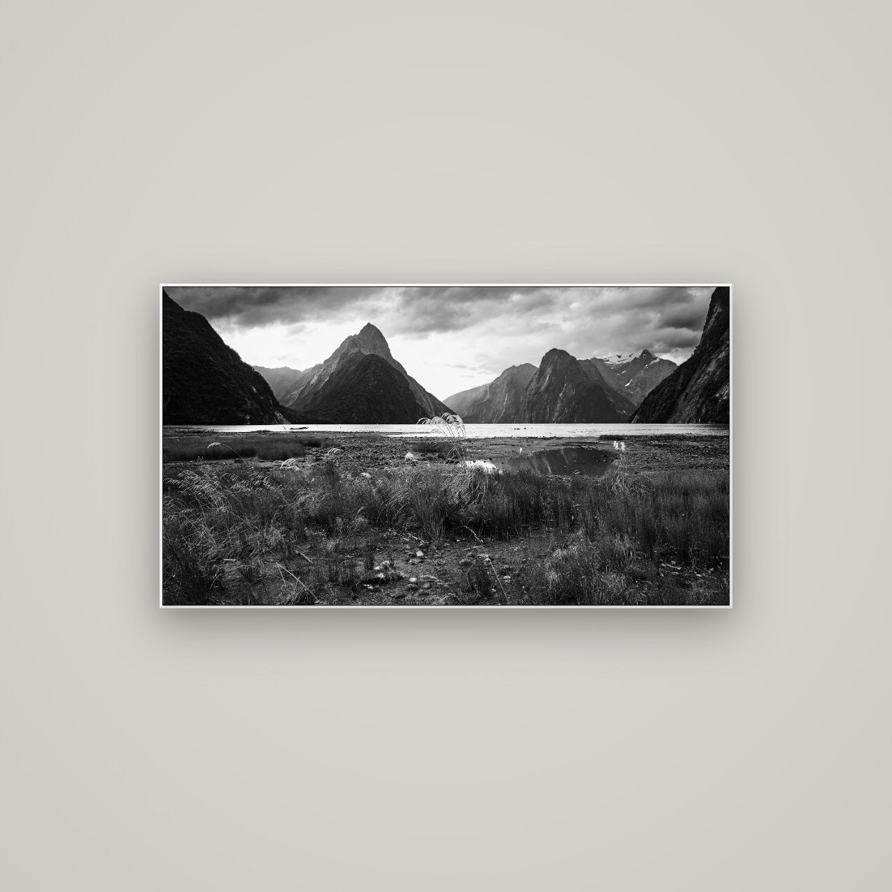 Majestic Mountains, Milford Sound — ArtBox White, 107×60 cm. New Zealand fine art wall art by Stephen Milner.