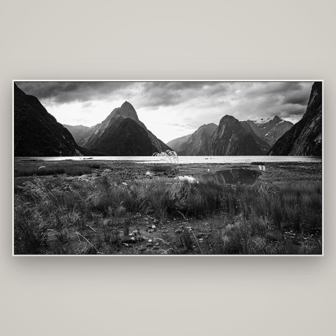 Majestic Mountains, Milford Sound — ArtBox White, 196×110 cm. New Zealand fine art wall art by Stephen Milner.