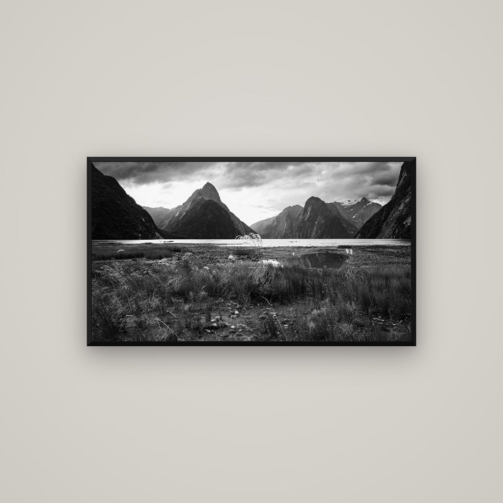 Majestic Mountains, Milford Sound — Basel Black Matte, 107×60 cm. New Zealand fine art wall art by Stephen Milner.