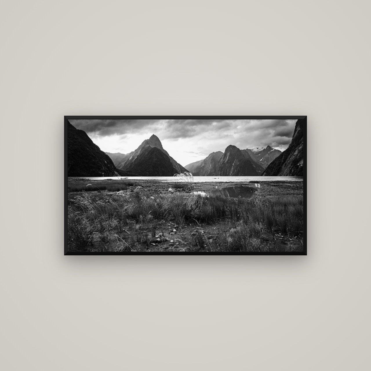 Majestic Mountains, Milford Sound — Basel Black, 107×60 cm. New Zealand fine art wall art by Stephen Milner.