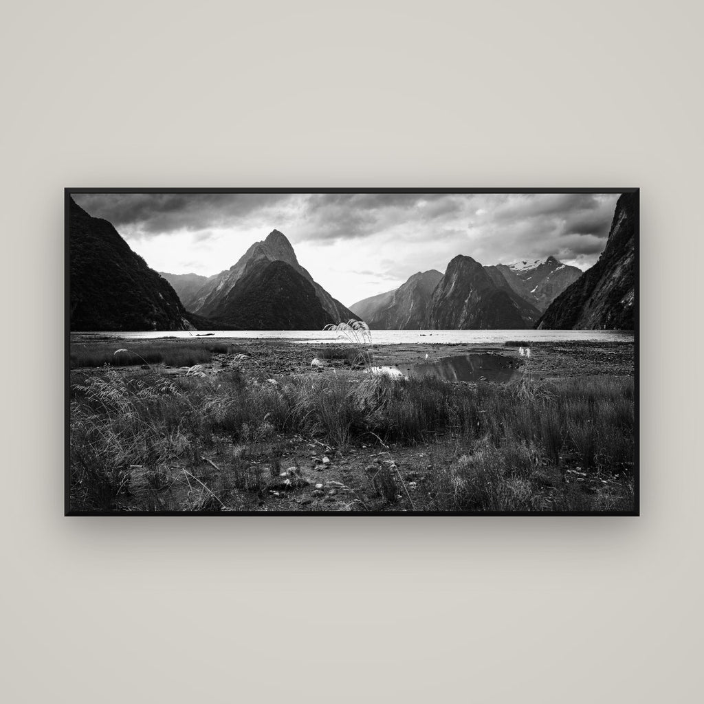 Majestic Mountains, Milford Sound — Basel Black Matte, 160×90 cm. New Zealand fine art wall art by Stephen Milner.