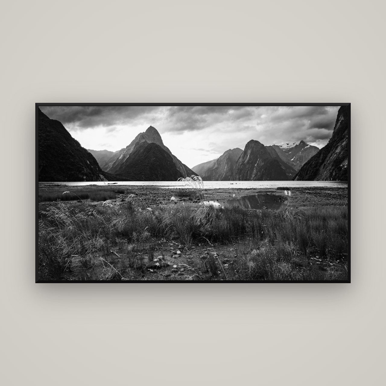 Majestic Mountains, Milford Sound — Basel Black, 160×90 cm. New Zealand fine art wall art by Stephen Milner.