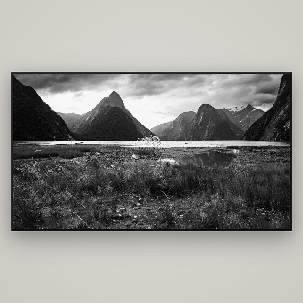 Majestic Mountains, Milford Sound — Basel Black Matte, 196×110 cm. New Zealand fine art wall art by Stephen Milner.