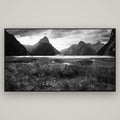 Majestic Mountains, Milford Sound — Basel Black, 196×110 cm. New Zealand fine art wall art by Stephen Milner.