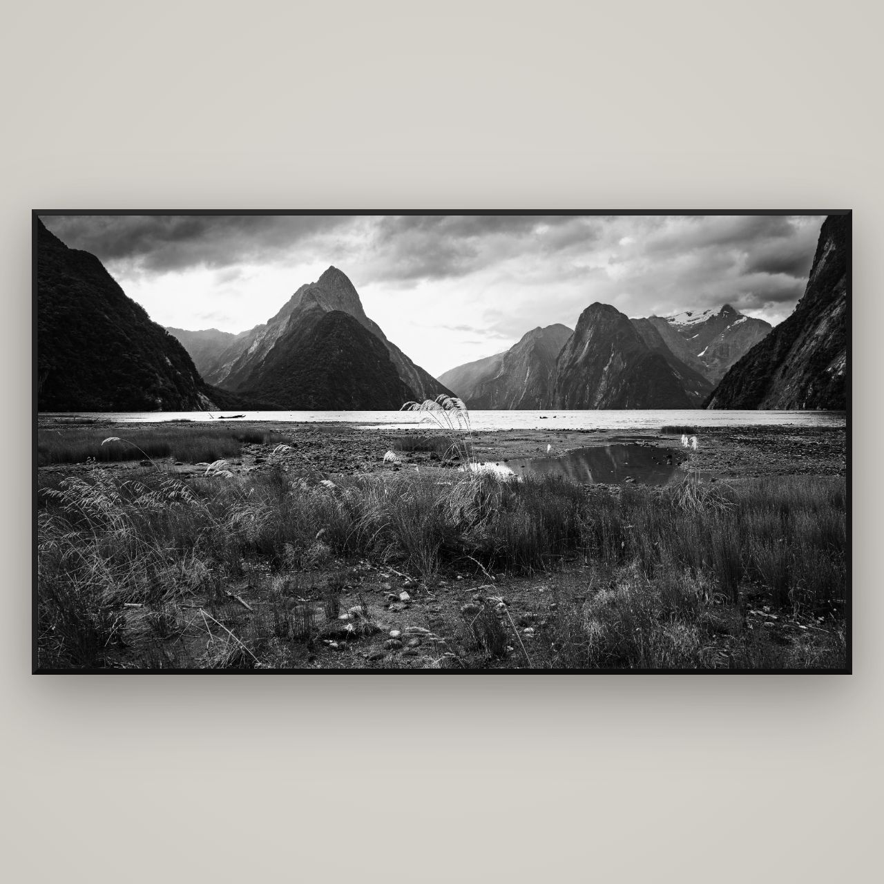 Majestic Mountains, Milford Sound — Basel Black, 196×110 cm. New Zealand fine art wall art by Stephen Milner.