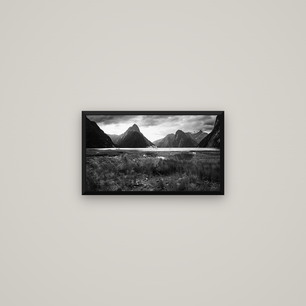 Majestic Mountains, Milford Sound — Basel Black Matte, 53×30 cm. New Zealand fine art wall art by Stephen Milner.