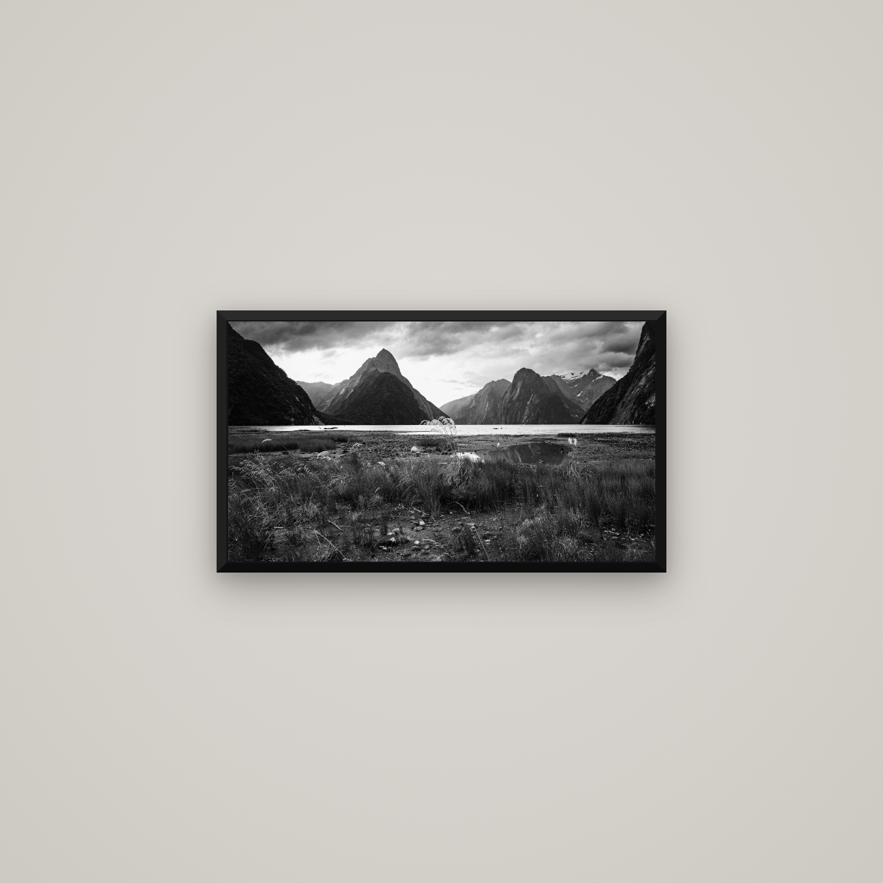 Majestic Mountains, Milford Sound — Basel Black Matte, 64×36 cm. New Zealand fine art wall art by Stephen Milner.