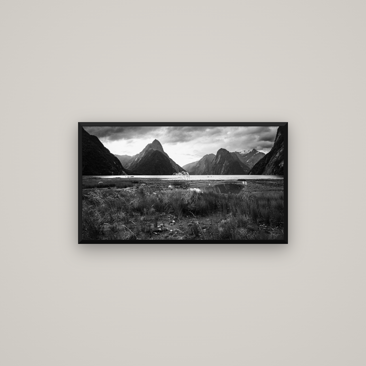 Majestic Mountains, Milford Sound — Basel Black Matte, 80×45 cm. New Zealand fine art wall art by Stephen Milner.