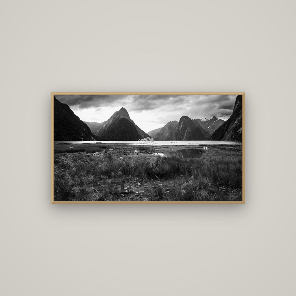 Majestic Mountains, Milford Sound, Basel Natural Oak, 107×60 cm. New Zealand fine art wall art by Stephen Milner.