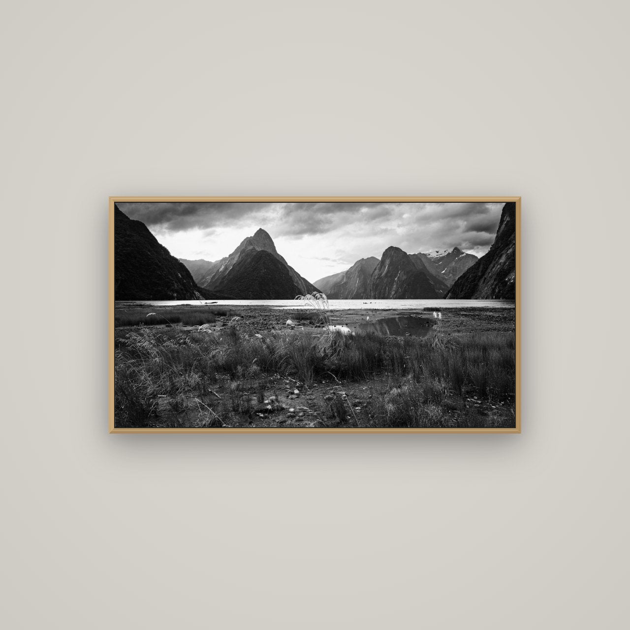 Majestic Mountains, Milford Sound, Basel Natural Oak, 107×60 cm. New Zealand fine art wall art by Stephen Milner.