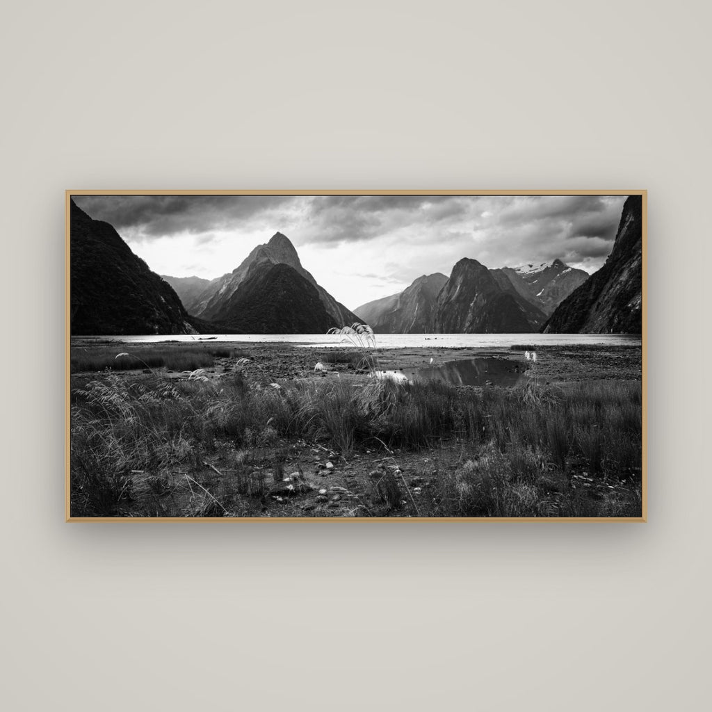 Majestic Mountains, Milford Sound, Basel Natural Oak, 160×90 cm. New Zealand fine art wall art by Stephen Milner.