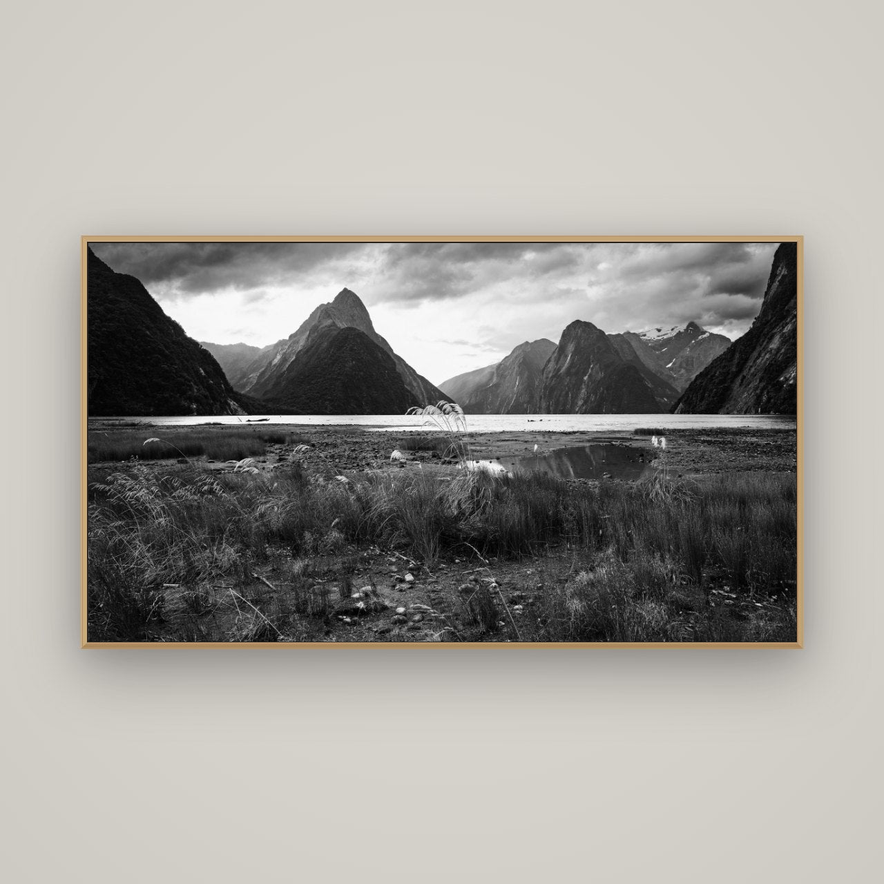 Majestic Mountains, Milford Sound, Basel Natural Oak, 160×90 cm. New Zealand fine art wall art by Stephen Milner.