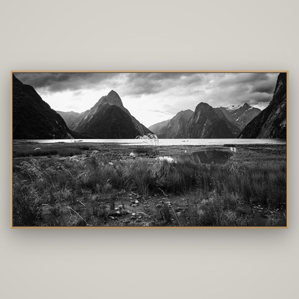 Majestic Mountains, Milford Sound, Basel Natural Oak, 196×110 cm. New Zealand fine art wall art by Stephen Milner.