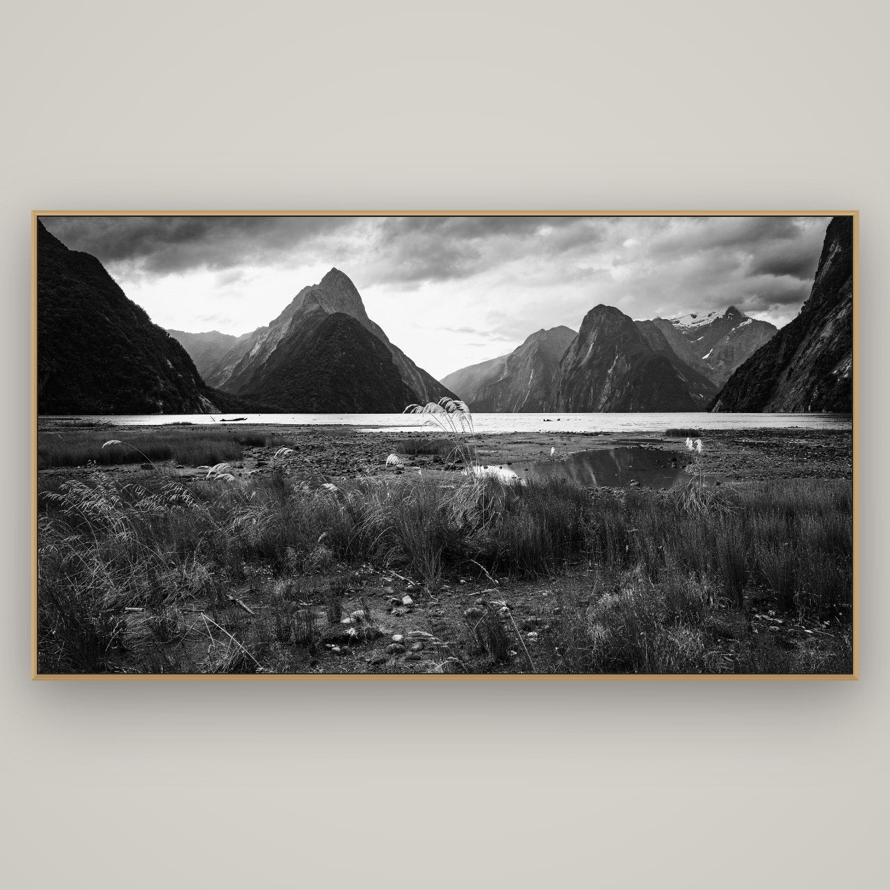 Majestic Mountains, Milford Sound, Basel Natural Oak, 196×110 cm. New Zealand fine art wall art by Stephen Milner.