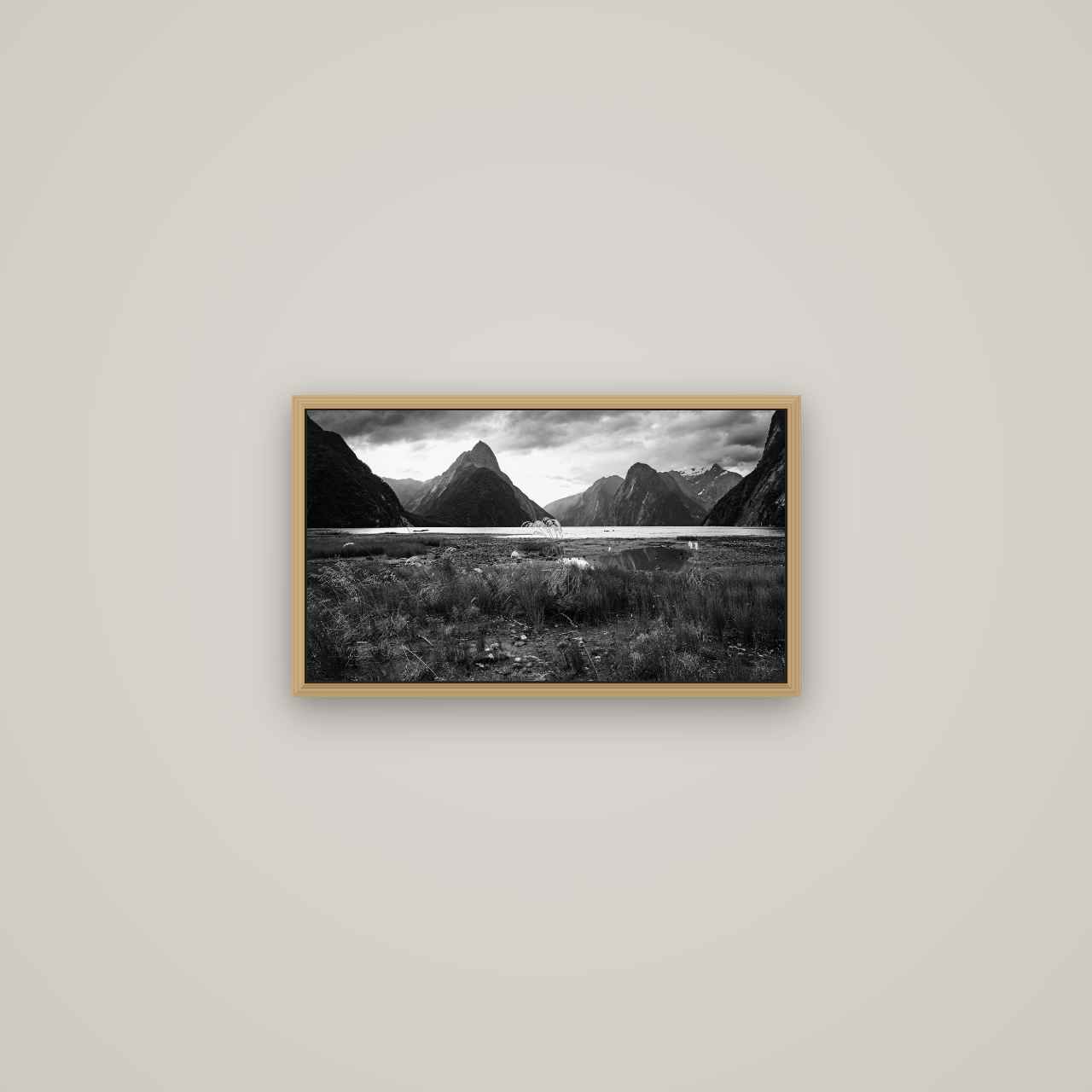 Majestic Mountains, Milford Sound, Basel Natural Oak, 53×30 cm. New Zealand fine art wall art by Stephen Milner.