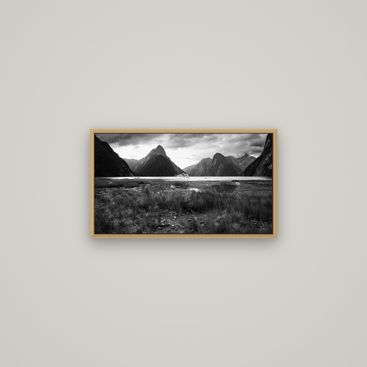 Majestic Mountains, Milford Sound, Basel Natural Oak, 64×36 cm. New Zealand fine art wall art by Stephen Milner.