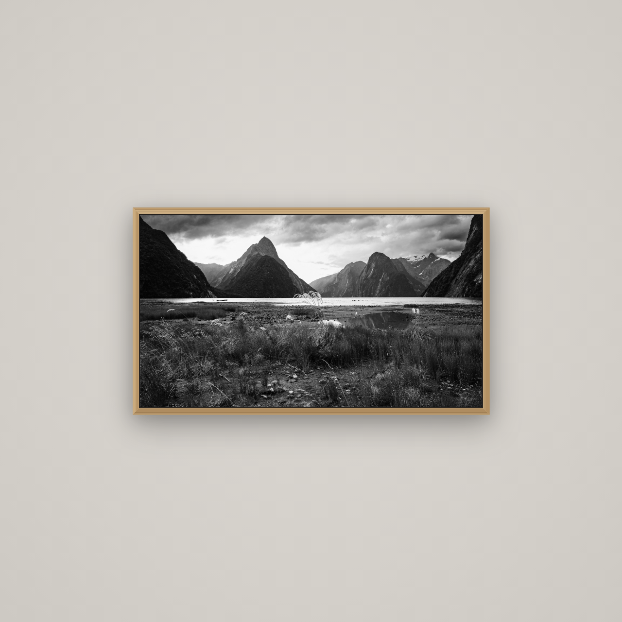 Majestic Mountains, Milford Sound, Basel Natural Oak, 80×45 cm. New Zealand fine art wall art by Stephen Milner.