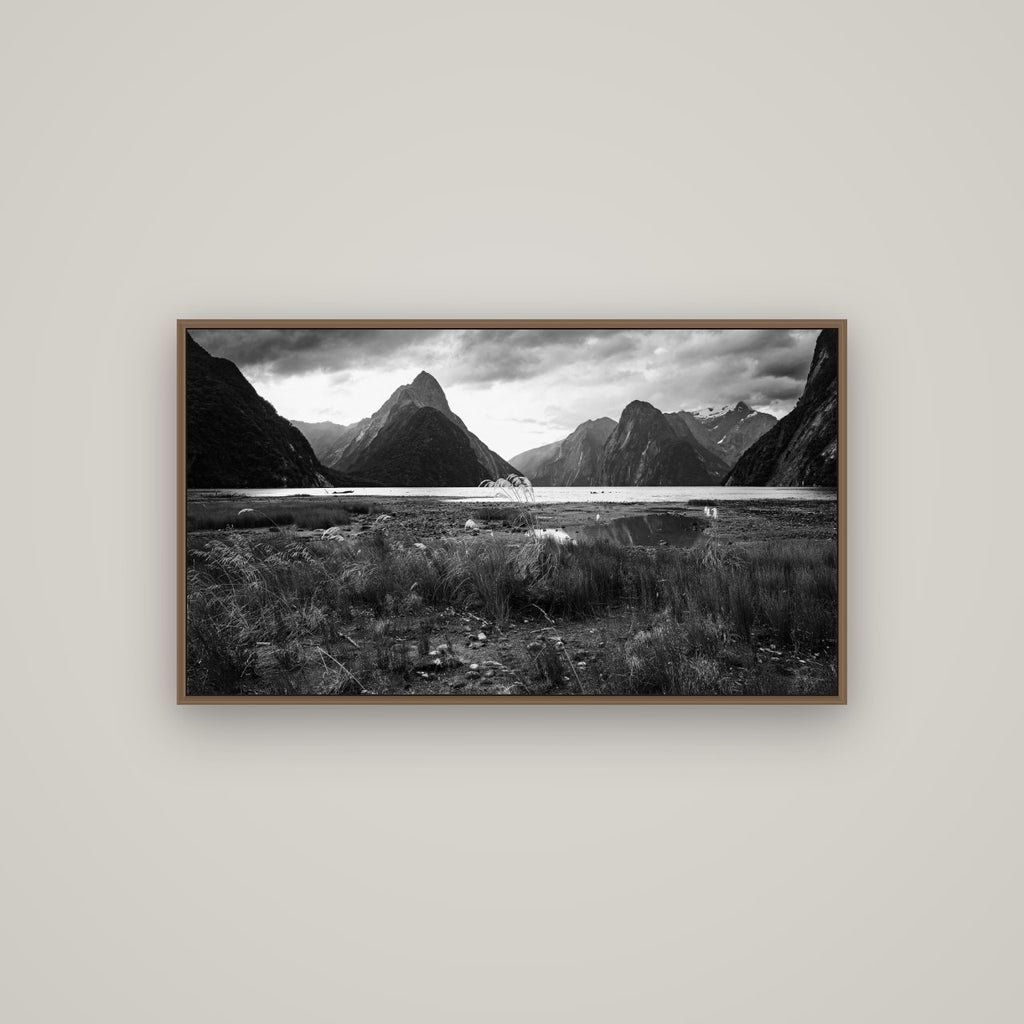 Majestic Mountains, Milford Sound, Basel Walnut, 107×60 cm. New Zealand fine art wall art by Stephen Milner.