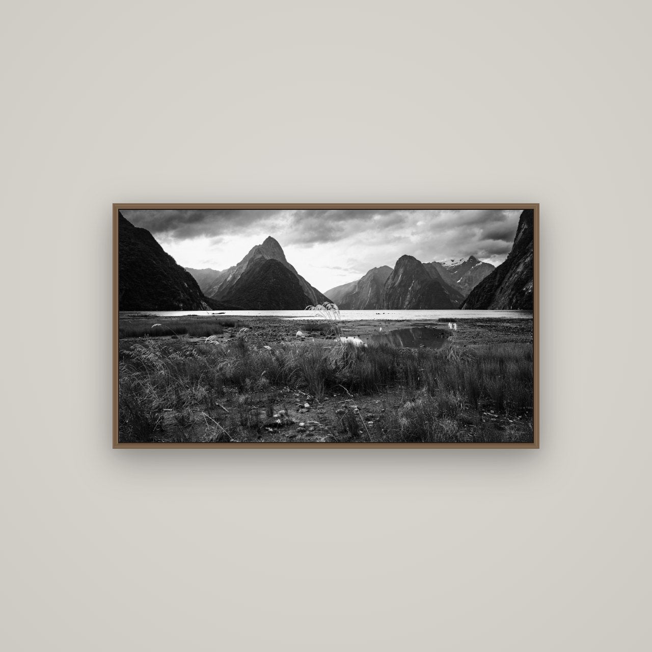 Majestic Mountains, Milford Sound, Basel Walnut, 107×60 cm. New Zealand fine art wall art by Stephen Milner.
