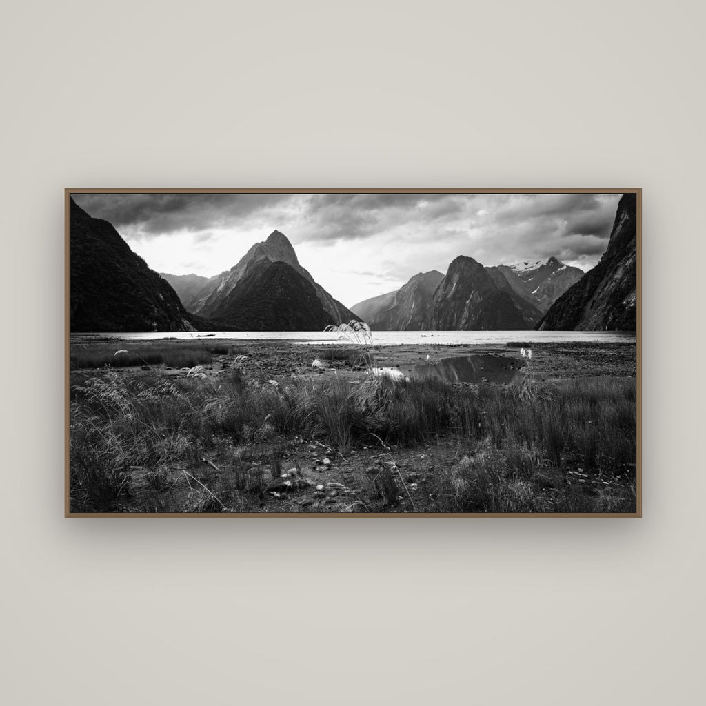 Majestic Mountains, Milford Sound, Basel Walnut, 160×90 cm. New Zealand fine art wall art by Stephen Milner.