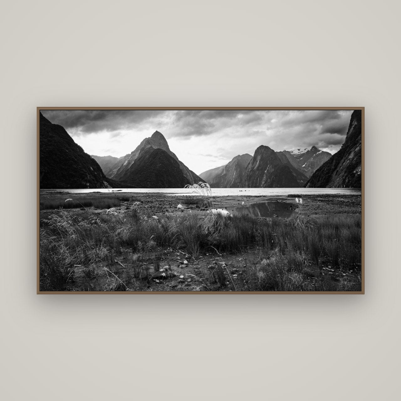 Majestic Mountains, Milford Sound, Basel Walnut, 160×90 cm. New Zealand fine art wall art by Stephen Milner.