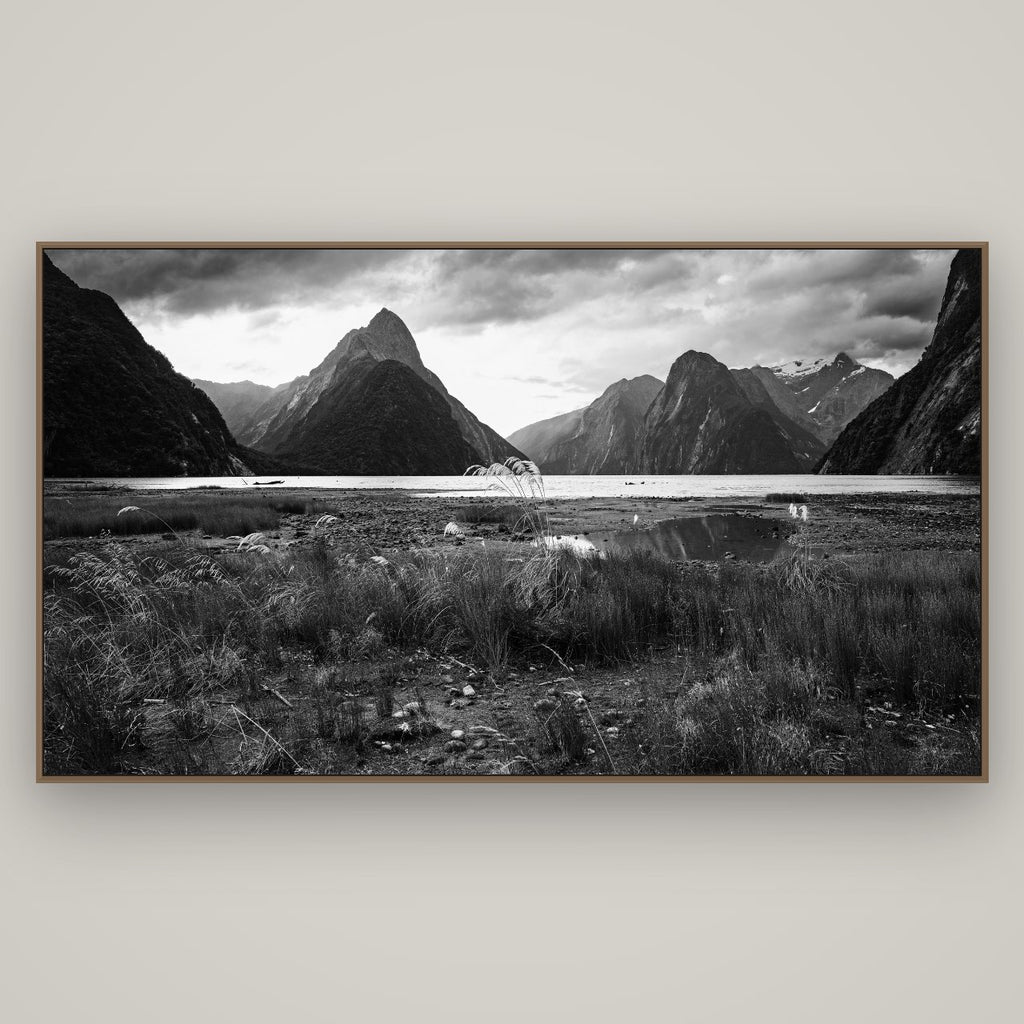 Majestic Mountains, Milford Sound, Basel Walnut, 196×110 cm. New Zealand fine art wall art by Stephen Milner.