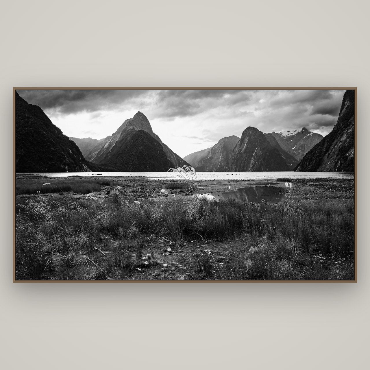 Majestic Mountains, Milford Sound, Basel Walnut, 196×110 cm. New Zealand fine art wall art by Stephen Milner.